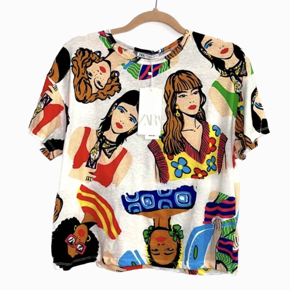 Zara Women’s Women Faces Oversized Short Graphic Tee Size Small